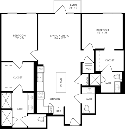 Floor plan for 2 beds, 2.5 baths, 1317 sqft